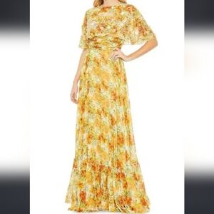 NWT Mac Duggal Yellow Floral Chiffon Maxi Gown Dress Cape Weddimg Garden Party